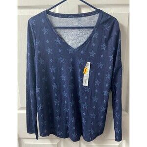 Sonoma V Neck T-shirt Womens Large Navy Blue all over Print STars Snowflakes NWT